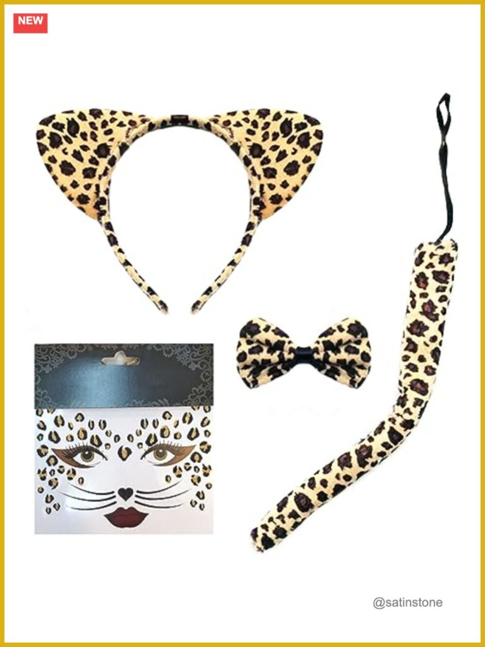 Leopard Cat Ears Headband Bow Tie Tail Temporary Tattoo 4 Pc Set Cosplay